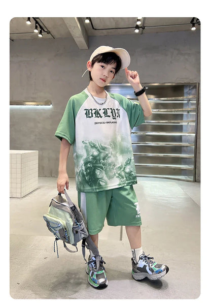 New Boys Clothing Sets Summer T-Shirt Short Sleeve+Shorts Kids Boy Sportsuit Children's Outfits Suit Teenager 5 6 8 10 12 14Yrs