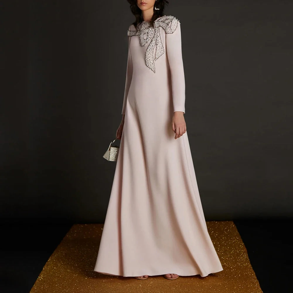 Customized Wedding Guest Dresses for Women Beading Bow Modest Evening Gowns Long Sleeves O Neck A Line Luxury Formal Party Dress