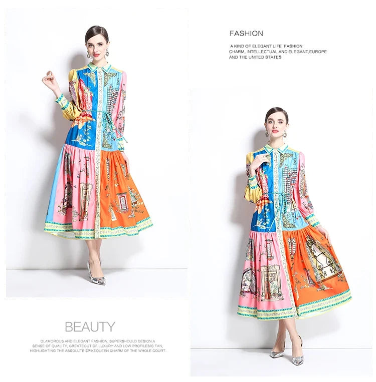 French Court Style Long Sleeve Dress Luxury Vintage Lapel Midi Dress Women Elegant Button-up Belted Party Dress Vestidos