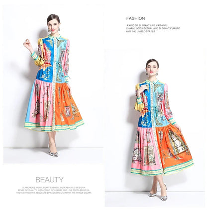 French Court Style Long Sleeve Dress Luxury Vintage Lapel Midi Dress Women Elegant Button-up Belted Party Dress Vestidos