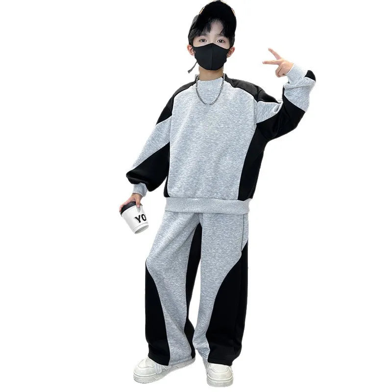 Spring Boys Black x Grey Contrast Pullover Sweatshirt+Sweatpant Work Set School Kid 2PCS Tracksuit Children Jogger Outfit 5-16Yr