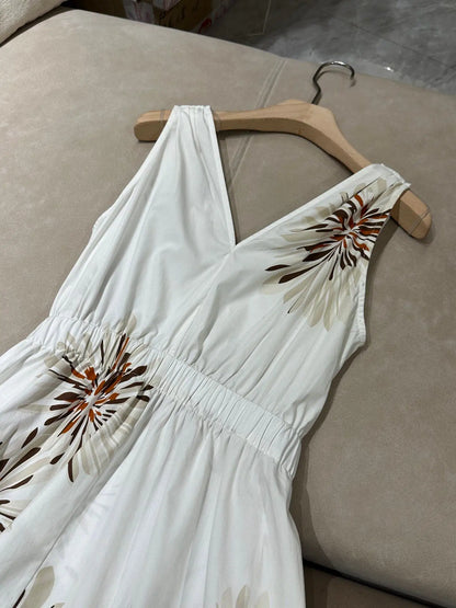 V-Neck Cinched Waist Dual Color Printed Sleeveless 100% Cotton Romantic Dress
