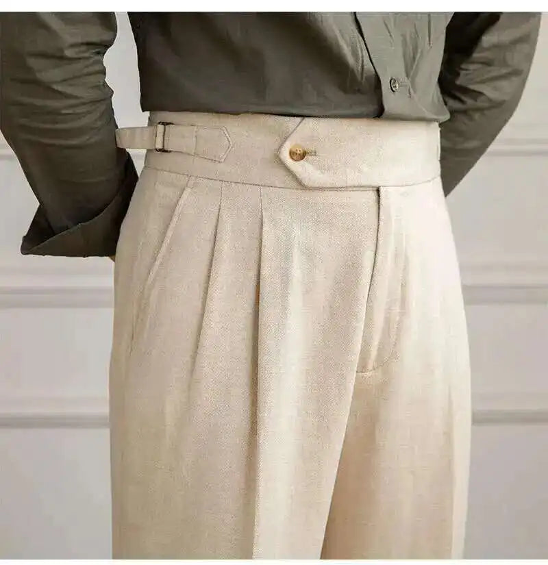 Linen Cotton High Waist Straight Casual Pants Men Versatile Naples Gentleman Pleated Pants High Quality Italian Dress Trousers