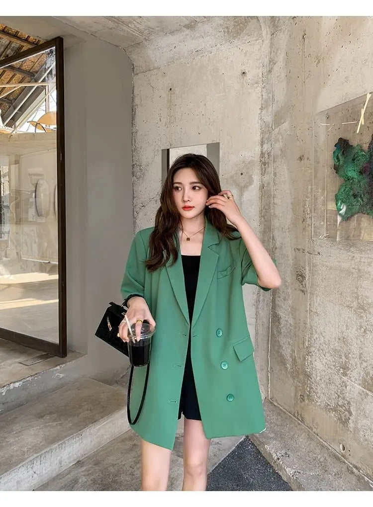 Korean Fashion Loose Thin Blazer Women Spring Autumn New Extra Large Mid Length Short Sleeved Women Coat Casual Outwear