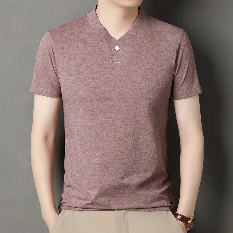 2026 Korean Style Men's Casual and Fashionable One Button V-neck Solid Color Short Sleeved T-shirt Summer Versatile Top