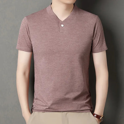 2026 Korean Style Men's Casual and Fashionable One Button V-neck Solid Color Short Sleeved T-shirt Summer Versatile Top