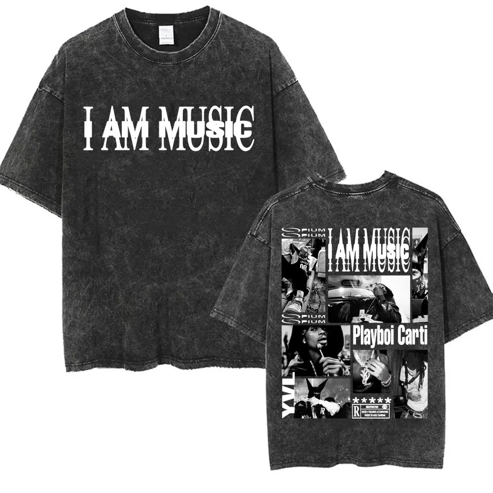 Retro Washed Playboi Carti I AM MUSIC Logo T Shirt Opium Ken Carson Narcissist Tour Antagonist Rap T-shirts Men's Oversized Tees