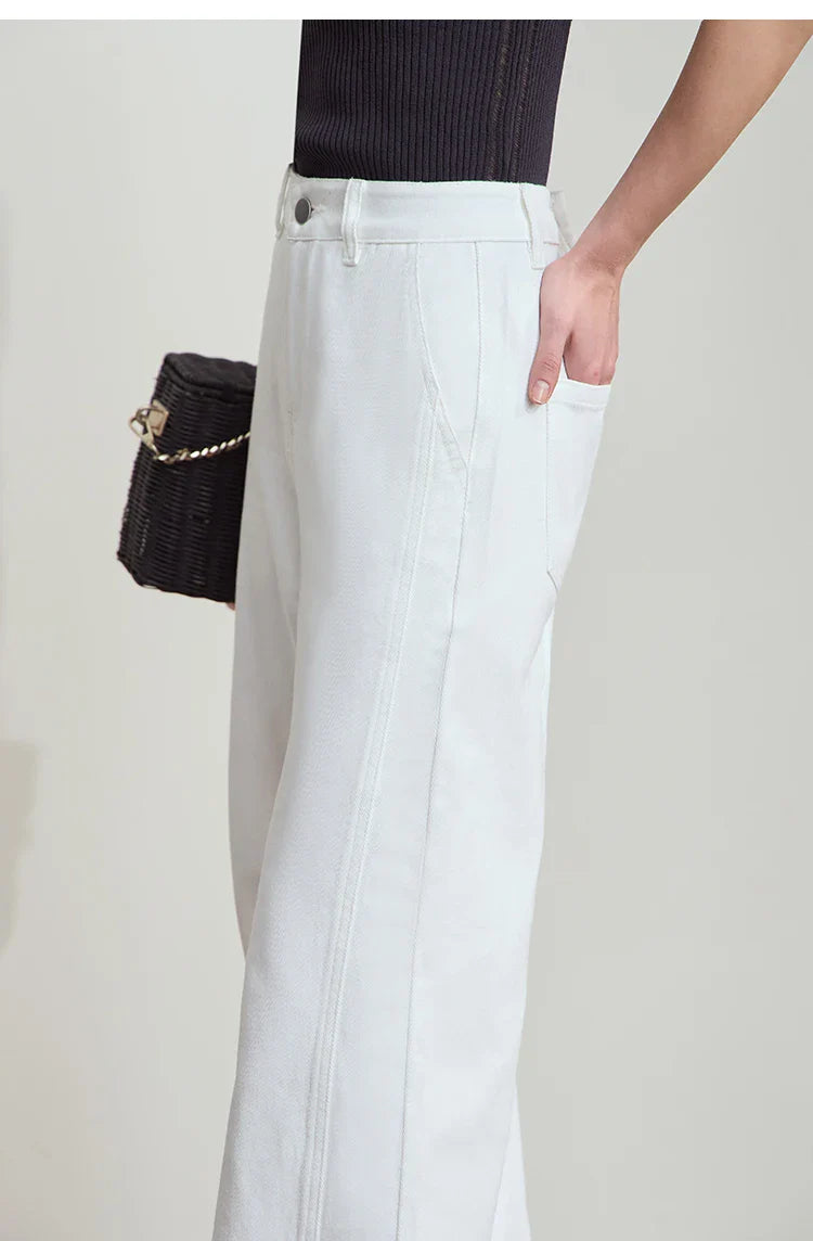 Women's Jeans Minimalist 2025 Summer New Style Solid Color Commuting Black Beige Wide Leg Cotton Denim Long Pants 12552012