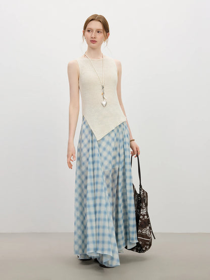 Women's Summer 2025 New Arrival Irregular A-line Hem Plaid Skirt Flowing Relaxed Fit Skirts 25FS12713