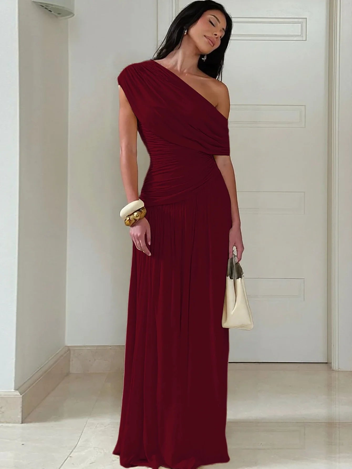 One Shoulder Ruched Sleeveless Solid Pleated Sexy Irregular Y2K Maxi Dress Summer Elegant Party Women Clothes Vacation