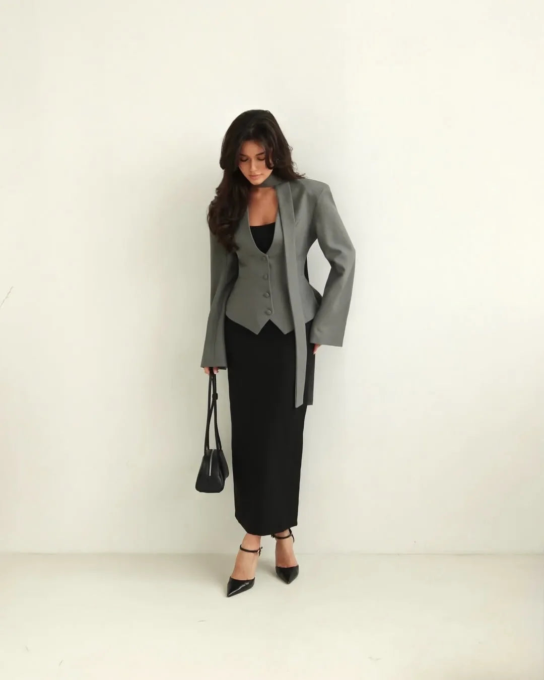 Single Breasted Coat Women's V Neck Scarf With Long Sleeve Waist-Cinching Blazer Jacket Lady Casual Slim Commute Coat