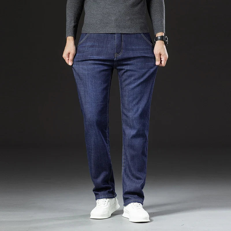 Winter Warm Fleece Jeans Men 2025 Straight Stretch Thick Casual Thermal Denim Pants Male Business Work Trousers New Men Clothing