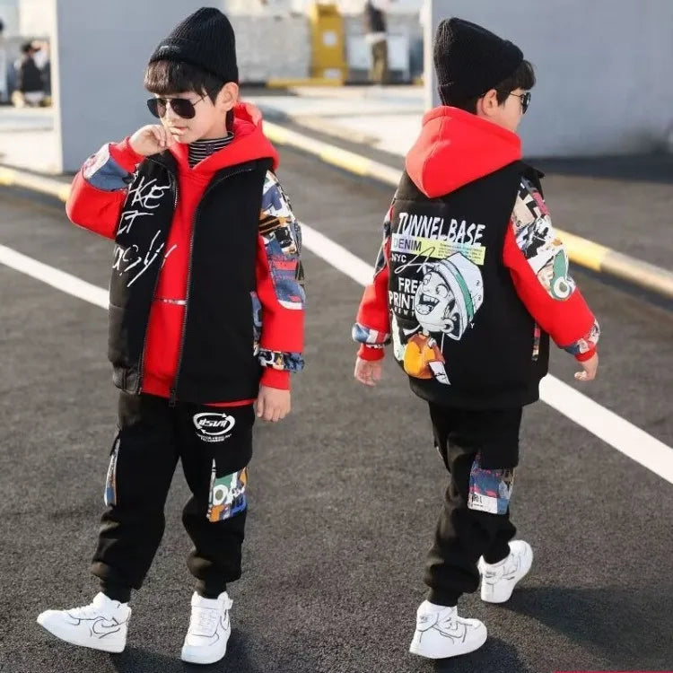 Fleece-Lined Coat Set Hoodies Printed Cartoon Boy Children's Clothing Men's Sets Autumn Winter Clothes Elementary Student Suit