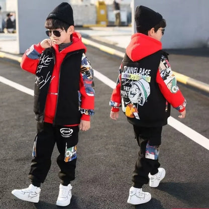 Fleece-Lined Coat Set Hoodies Printed Cartoon Boy Children's Clothing Men's Sets Autumn Winter Clothes Elementary Student Suit