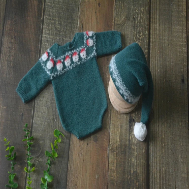 Christmas Baby Clothing Newborn Boy Girl Photography Santa Claus Costumes Sets Green Knitted Romper Stockings Hat 3pcs for Xmas