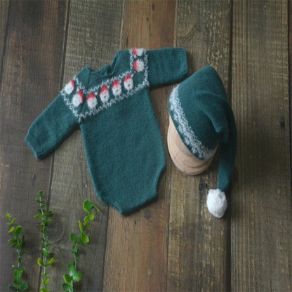 Christmas Baby Clothing Newborn Boy Girl Photography Santa Claus Costumes Sets Green Knitted Romper Stockings Hat 3pcs for Xmas