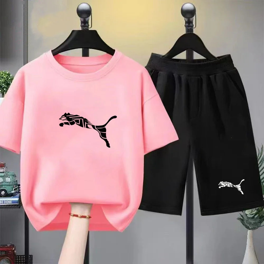 Kids White T-shirt+Shorts Two-Piece Set Print Boys Girls Toddler3-12Yrs Sports Casual Brand Clothes 2026 Summer