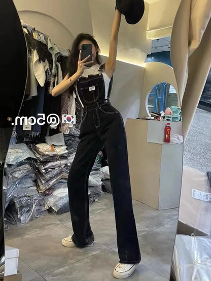 Plus Size Women's High Waist Overalls Denim Utili Pants Straight Leg Spring Autumn New Sle Loose Slimming Versatile Onesie