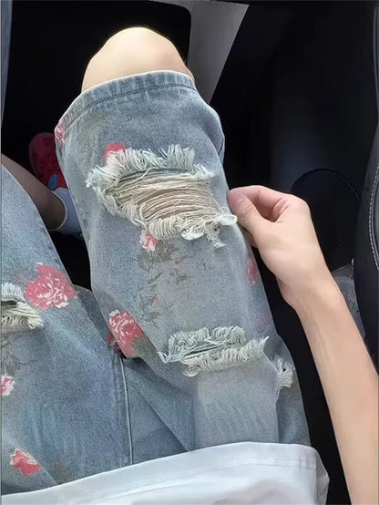 American Streetwear Washed Ripped Straight Jorts Men's Summer Floral Graphic Print Baggy Denim Shorts Hip Hop Fashion Short Jean