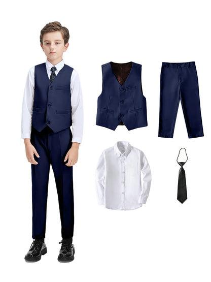 Boys Suit 4-piece Vest Pants Shirt Tie Random Casual Fashion Outdoor Activities Competition Family Party Birthday Gift