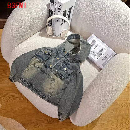 High Quality Retro Color Children's Denim Suit Boy Spring Autumn New Girl's Suit Hoodie Denim Coat+ Pant Casual 2pcs Set Outfits