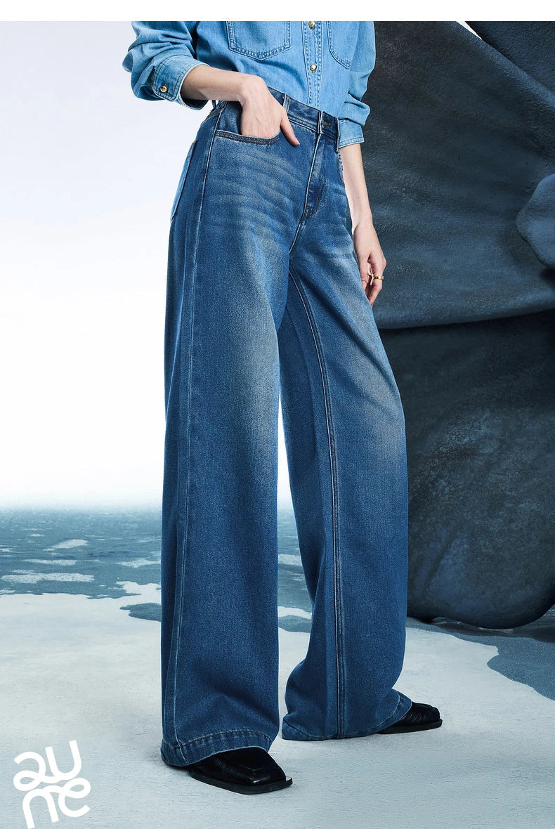 Women Denim Jeans 2025 Spring New Acetate Wide Leg Mid Low Waist Slim Fit Straight Wide Leg Pants