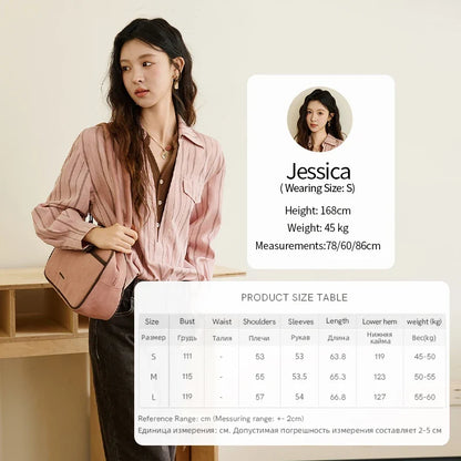 Peach Skin Velvet Stripe Shirt for Women Autumn 2025 Double Layered Collar Contrasting Color Shirt Commute Top MXE47C2408