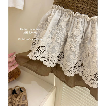 Summer Girls Casual Dresses with Hat Children's Clothing 2025 New Girls' Hollow Out Sleeveless Skirt Children's Lace Dress