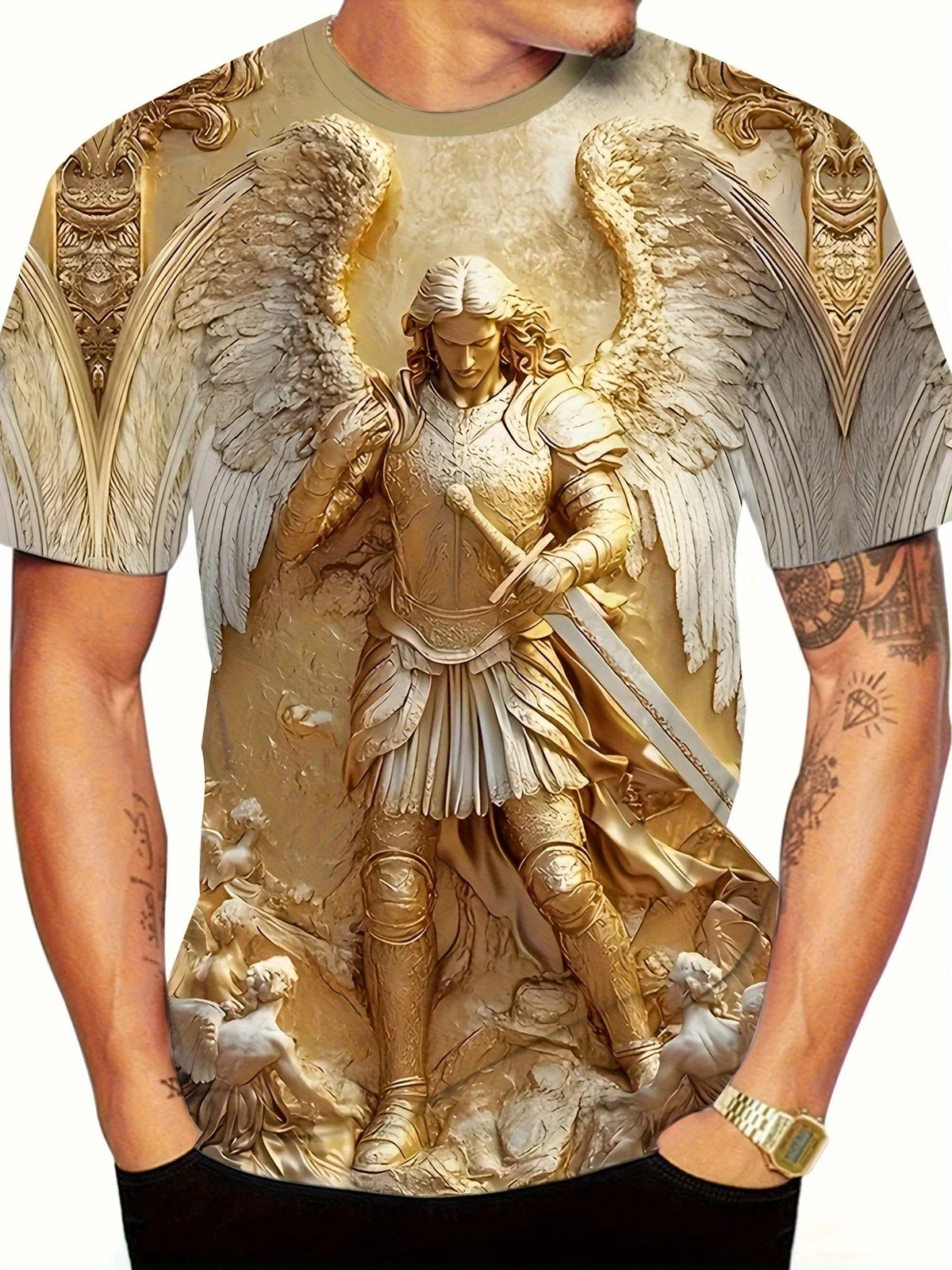 Mens 3d Angel Warrior Graphic T Shirt Golden Sword Design 3D Printed Tshirt For Men Clothes Wing Ornate Border Unisex Tee Tops