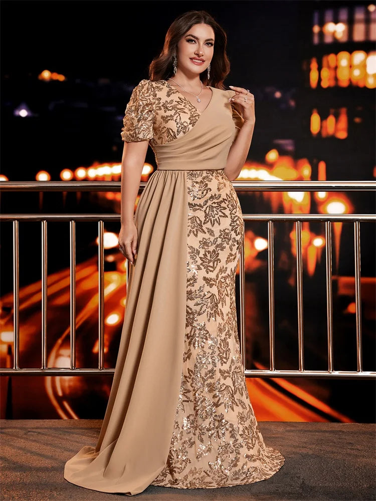 Plus Size Short Sleeve Ribbon Sequin Formal Evening Dresses Women Long Mermaid Wedding Party Bridesmaid Guest Gowns