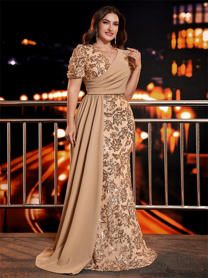 Plus Size Short Sleeve Ribbon Sequin Formal Evening Dresses Women Long Mermaid Wedding Party Bridesmaid Guest Gowns