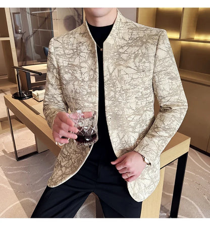 New Chinese Style Stand Up Collar Jacquard Suit Coats Men Slim Business Casual Fashion Suits Jacket Formal Social Party Tuxedos