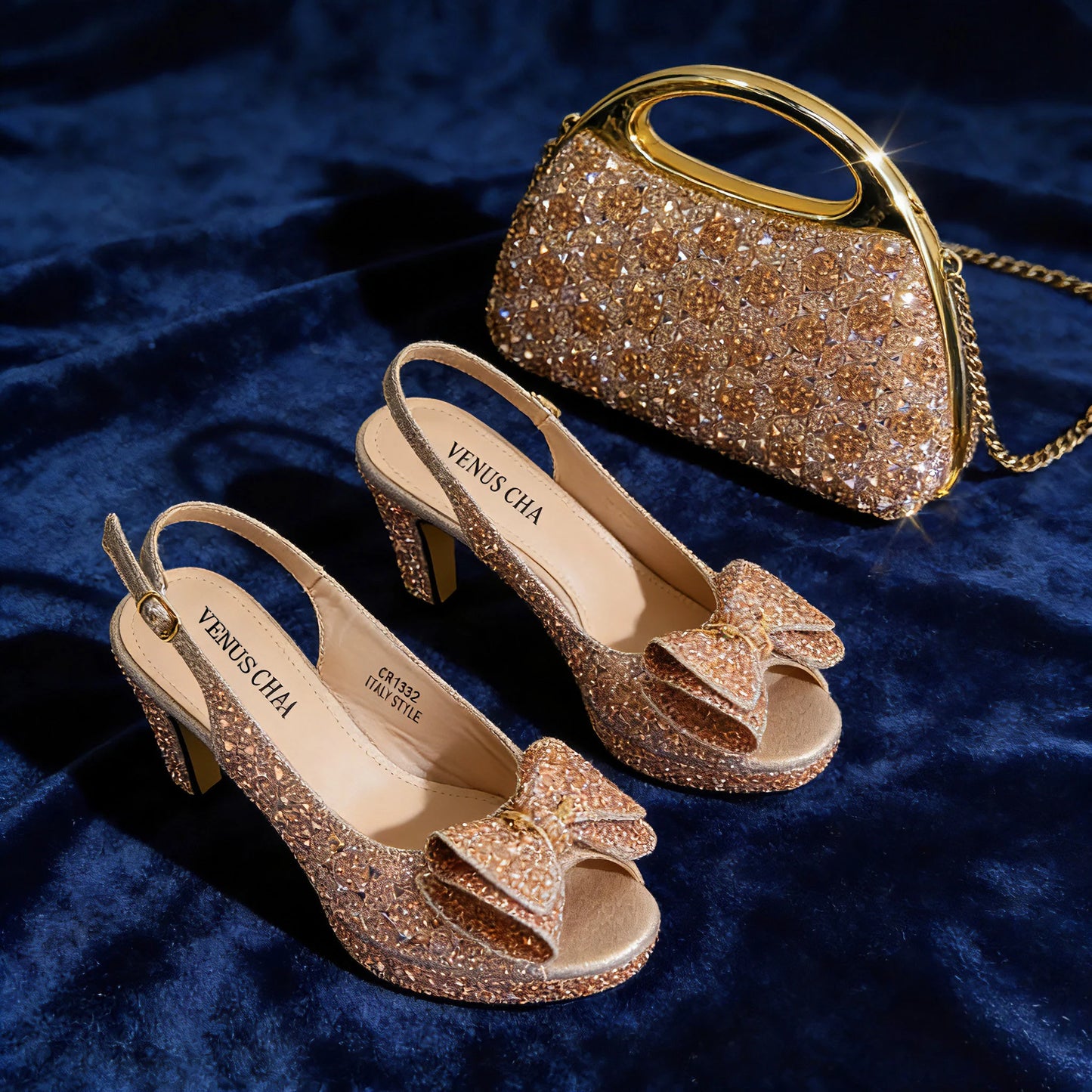 2026 Elegant Women's Rhinestone Peep Toe High Heels Sandals - Italian Design with Matching Blue Handbag