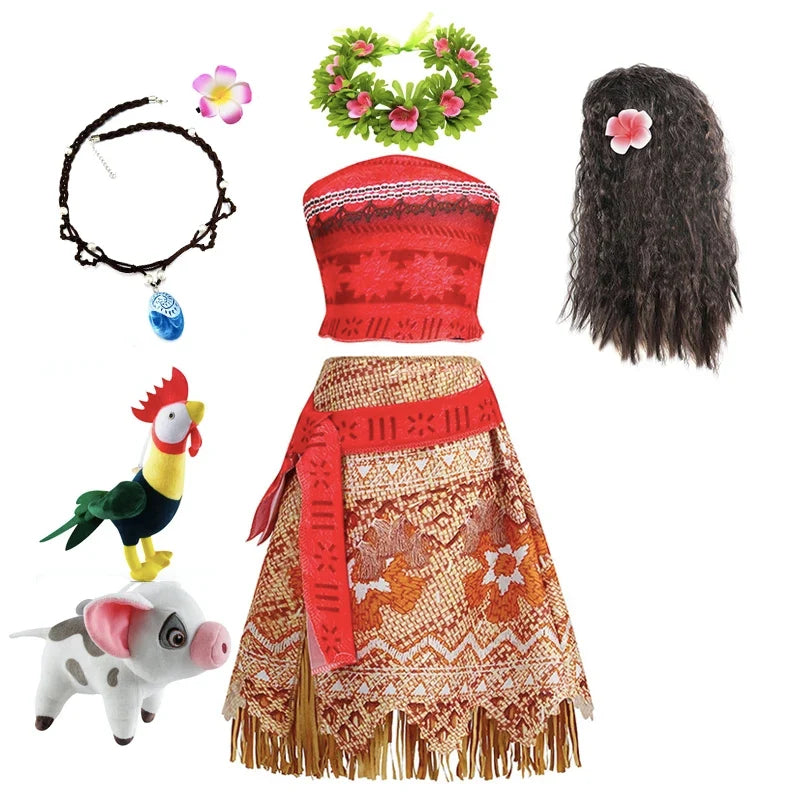 Girls Moana Princess Dress for Kids Carnival Cosplay Vaiana Costume Children Birthday Party Headwear Necklace Flower Clothes Set