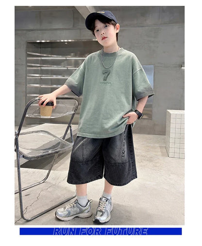 Luxurious Teen Boys Set For Child Elegant T-shirts + Denim Shorts 2PCS Clothes Set Summer Kids Luxury Clothing Set Age 6 To 16 Y