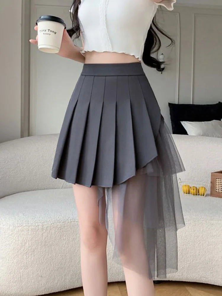 Mesh Patchwork Pleated Skirts Women High Waist Fashion Slim Sexy Mini Skirt Korean Sweet Preppy Style Spring Summer A Line Skirt