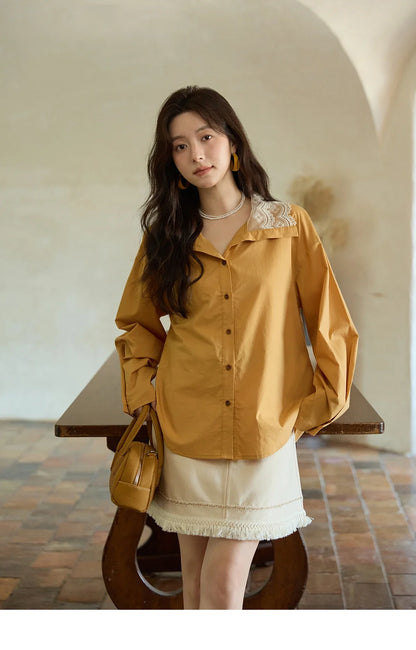 Autumn Solid Cotton Shirt Autumn V-neck Double-layer Lace Retro Design Shirts Single Breasted Tops Office Lady MXE41C2366