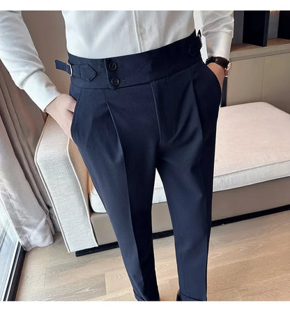 Autumn Winter High Waist Business Dress Pants Men Casual Belt Design Slim Suit Pants Formal Wedding Social Party Male Trousers