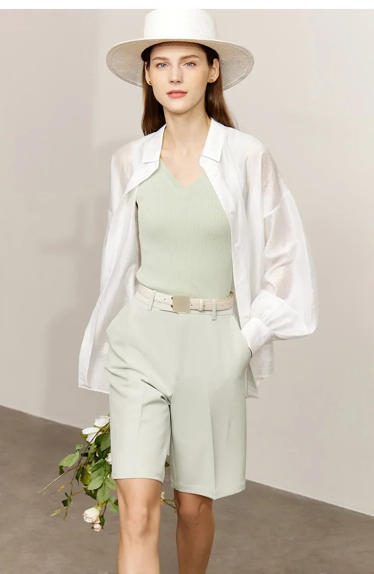 Minimalist Blouse for Women 2023 Autumn Lantern Sleeve V-Neck Slightly Transparent Elegant Commuter Clothing Tops 72341030