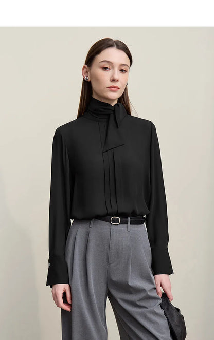 Women's Chiffon Blouse 2026 Autumn New Tie Neck Elegant Office Top French Style Stand Collar Flowy Shirt for Women 12641131
