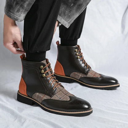 Retro Black Men's Leather Boots 2024 Quality Pointed-Toe Lace-up Men's Dress Boots Plus Size 48 Comfy High Top Men Brogue Shoes
