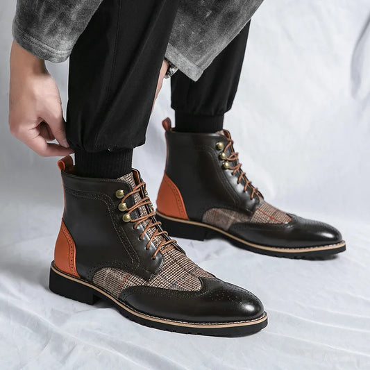 Retro Black Men's Leather Boots 2024 Quality Pointed-Toe Lace-up Men's Dress Boots Plus Size 48 Comfy High Top Men Brogue Shoes
