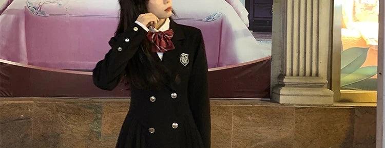 Sweet Style Suit Dress Korean Drama Main Character Waist Cinched Beautiful  Skirt College Style High Waist Double Breaste...