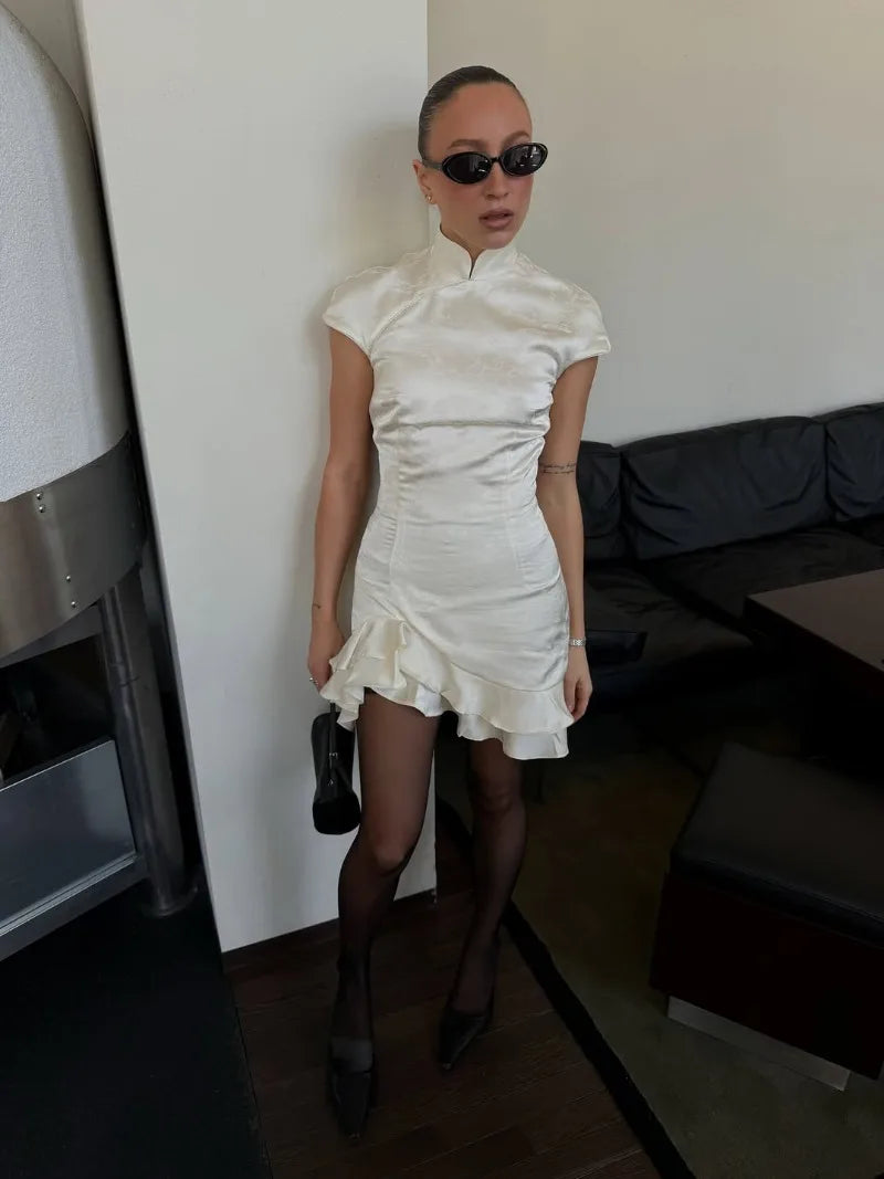 Women's Elegant Satin Evening Dress Fashion Stand Neck High Waist Slim Mini Dresses Party Sexy Short Sleeve Ruffle Dress