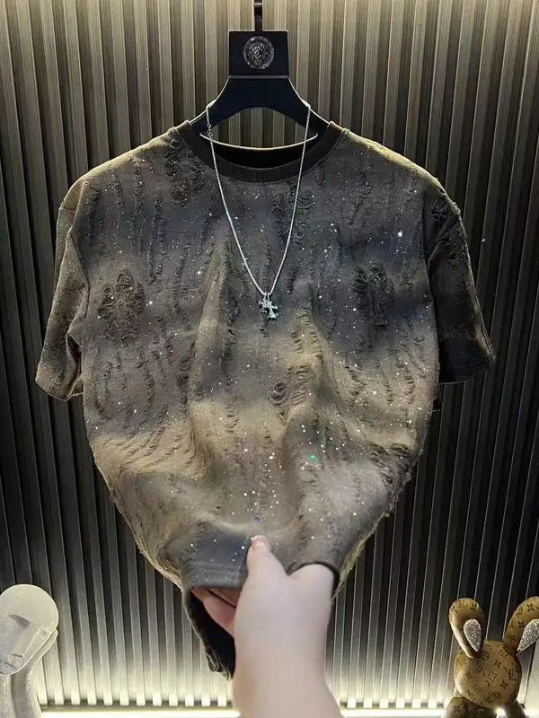 2025 Hot New Summer Men's Short-sleeved Trendy Luxury Distressed Round-neck Half-sleeve T-shirt Top