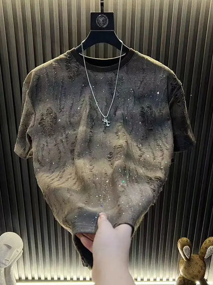 2025 Hot New Summer Men's Short-sleeved Trendy Luxury Distressed Round-neck Half-sleeve T-shirt Top