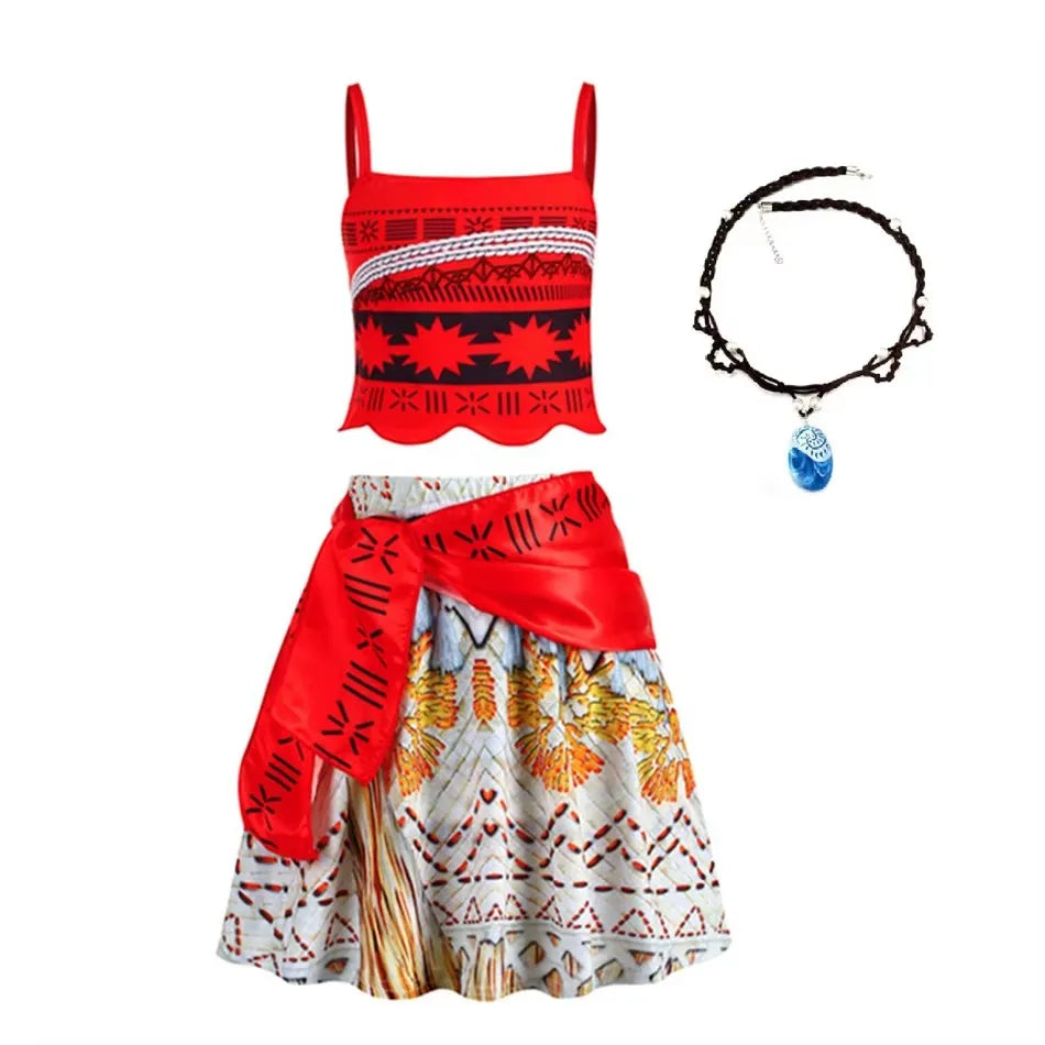 Moana Dress Kids Girls Children Cosplay Princess Birthday Carnival Party Costume with Necklace Flower Set Summer