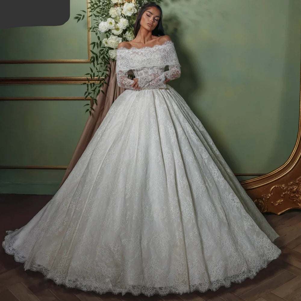Customized Ball Gown Lace Wedding Dresses Off the Shoulder Long Sleeves Bridal Dress with Court Train