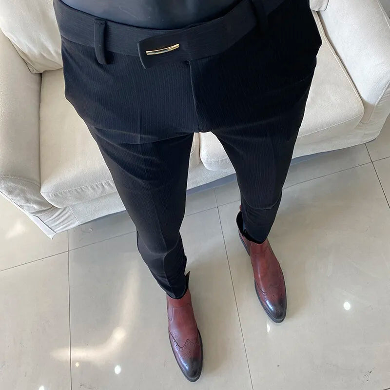 Spring Trousers for Men Slim Fit Straight Leg High-end Feel Business Casual Pants Striped Elegant Formal Dress Long Pants