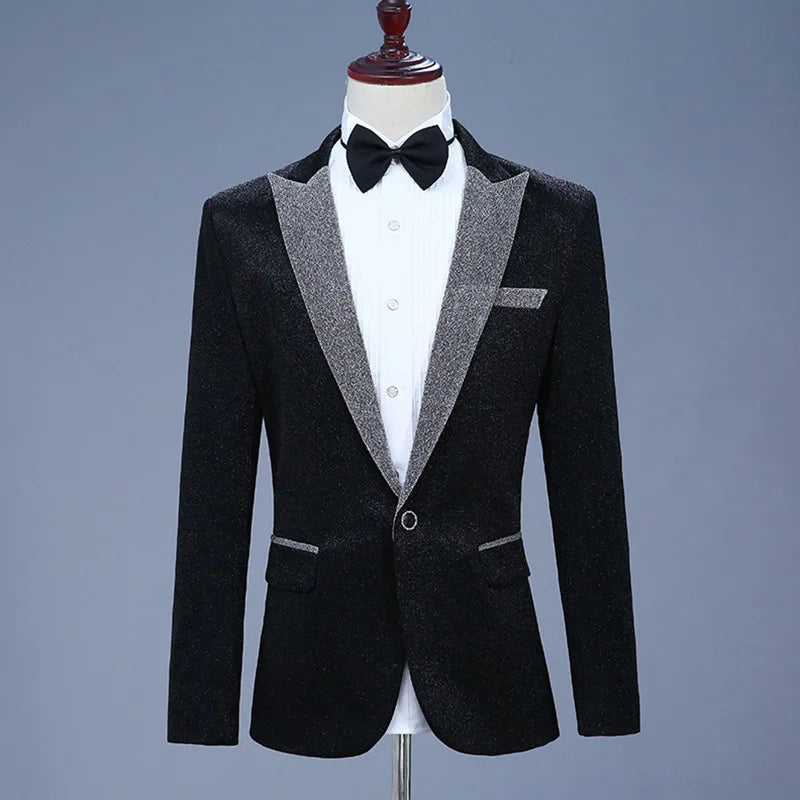 New Men Luxury Shiny Jacket Men's Nightclub Prom Suit Costume 2 Peice Set Lapel Blazer with Bow Tie Groomsmen Singer Clothes